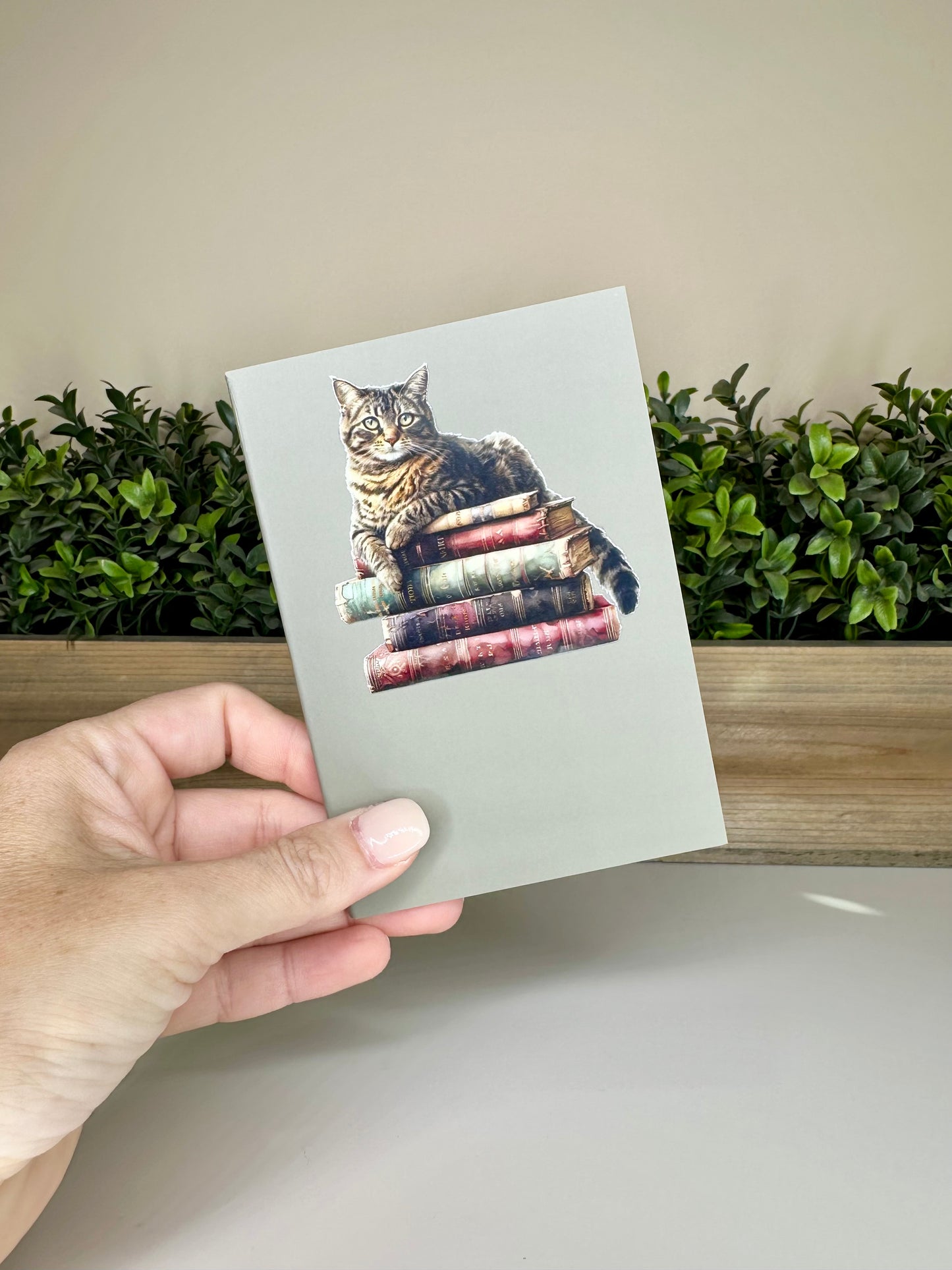 Cat and Books Sage Green Mini Daily Planner Notebook