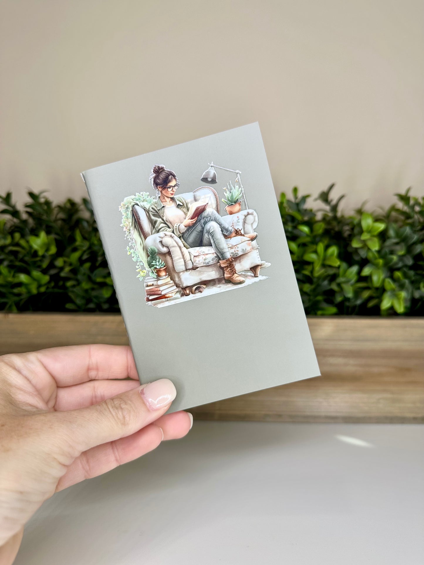 Lady Reading Books Sage Mini Daily Planner Notebook