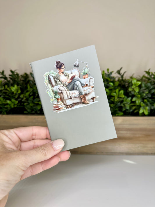 Lady Reading Books Sage Mini Daily Planner Notebook