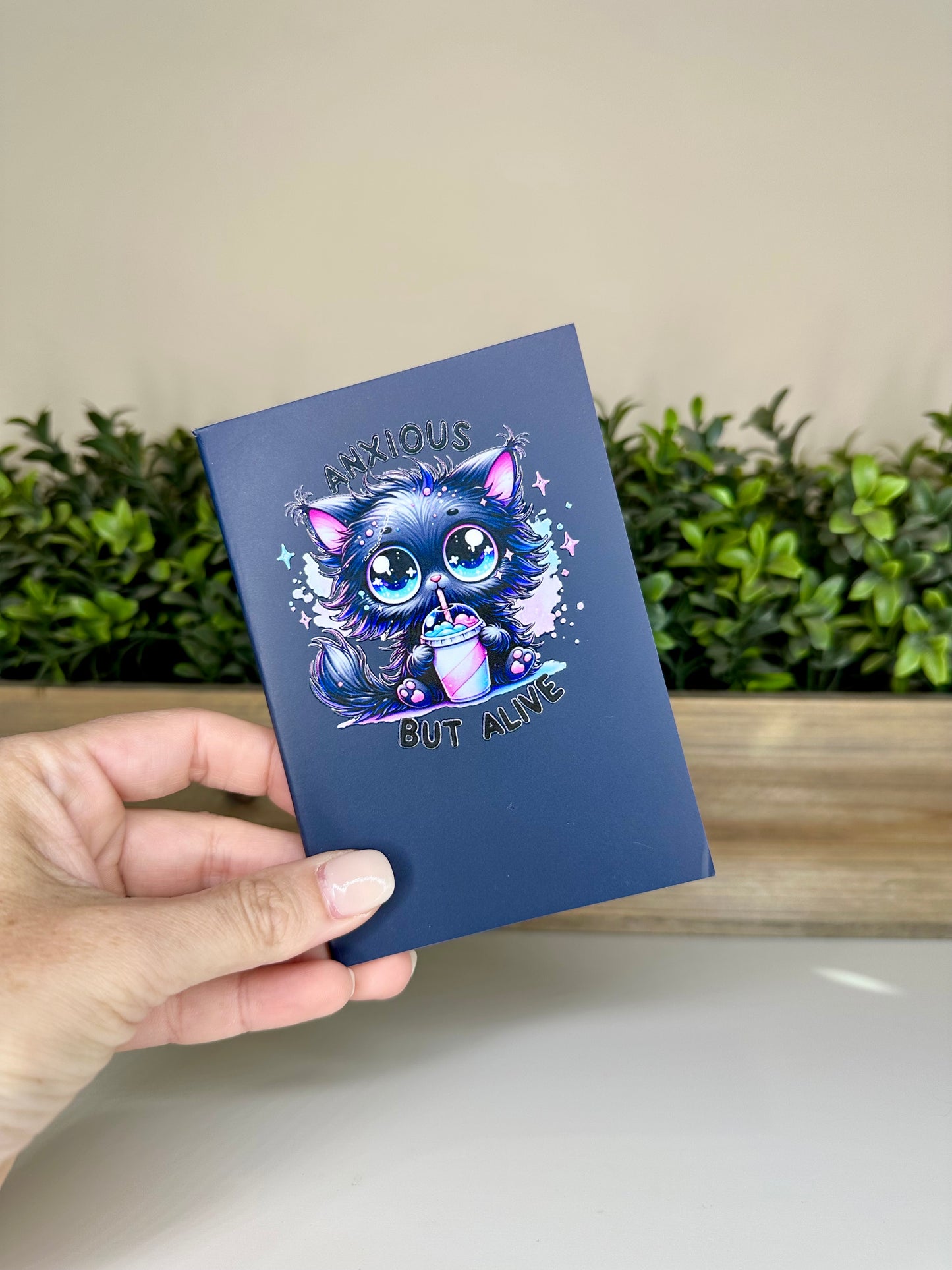 Anxious but Alive Cat Dark Blue Mini Daily Planner Notebook