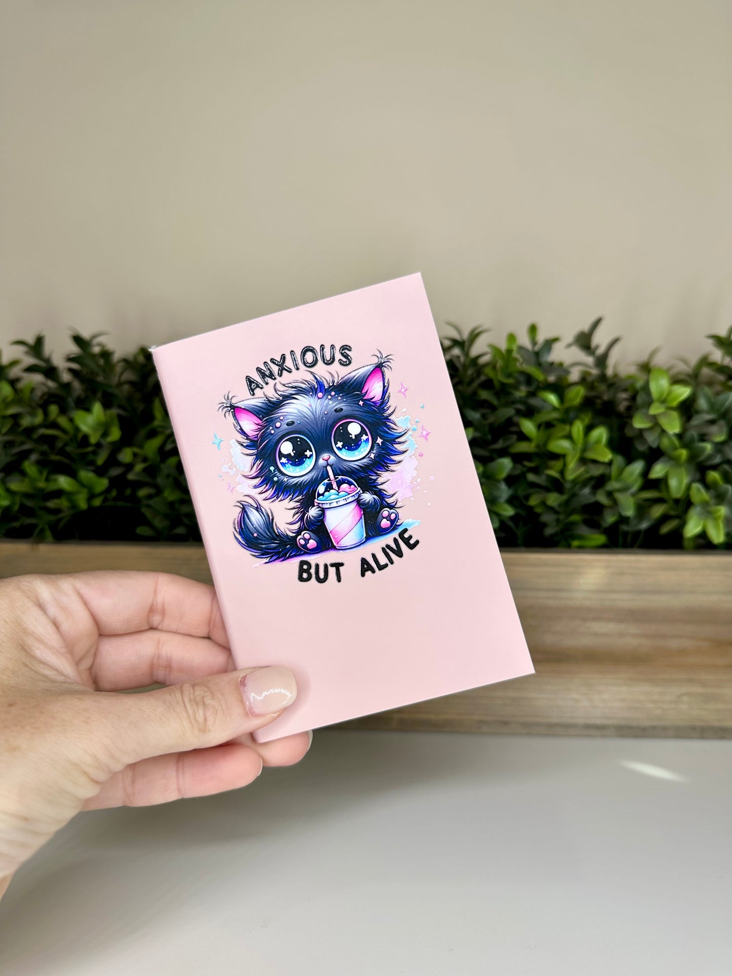 Anxious but Alive Cat Light Pink Mini Daily Planner Notebook