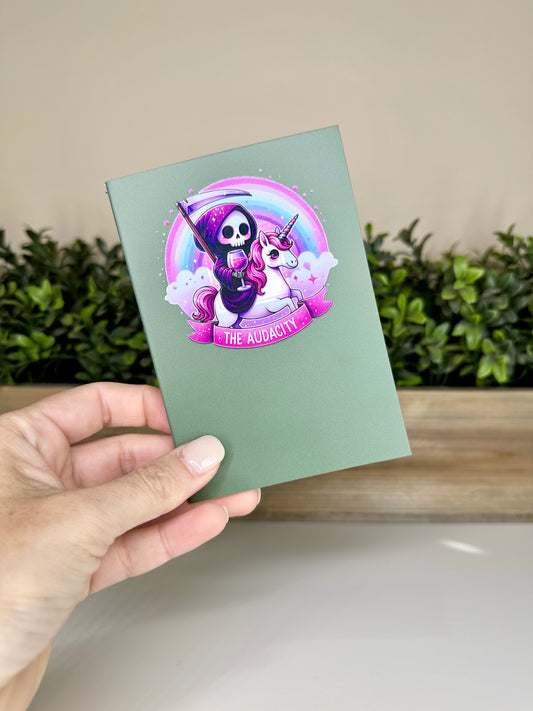 The Audacity Grim Reaper and Unicorn Green Mini Daily Planner Notebook