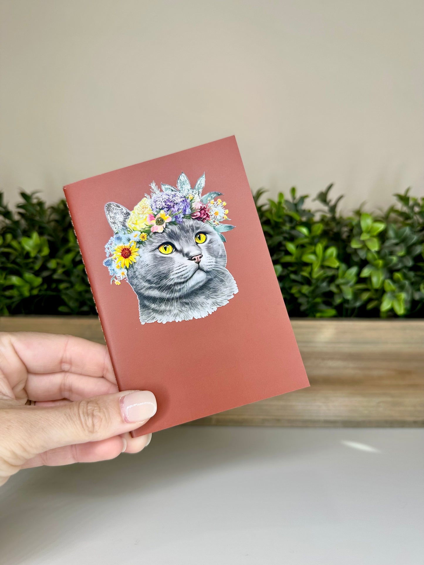 Cat with Flowers in her Hair Rustic Red Mini Daily Planner Notebook