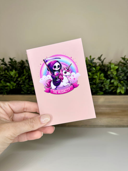 The Audacity Grim Reaper and Unicorn Light Pink Mini Daily Planner Notebook
